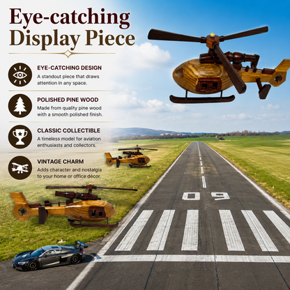 A promotional graphic for a collectible pine wood toy helicopter, showing a golden-brown wooden helicopter in the upper right over a runway scene with other toy helicopters and a car. Text on the left highlights the product&