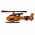 A wooden helicopter figurine or model made from natural wood with a warm brown finish and darker brown accents, shown against a plain white background.