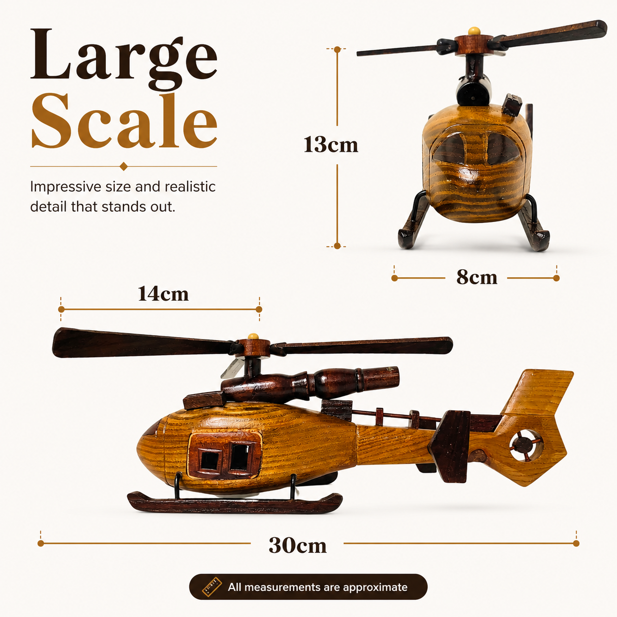A wooden helicopter toy shown on a light beige background with overlaid dimensions and text reading &