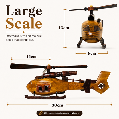 A wooden helicopter toy shown on a light beige background with overlaid dimensions and text reading &