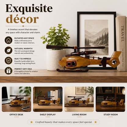 A wooden helicopter-shaped decorative object displayed on a wooden shelf in a styled interior scene, with a framed print, potted plant, books, and promotional text reading &
