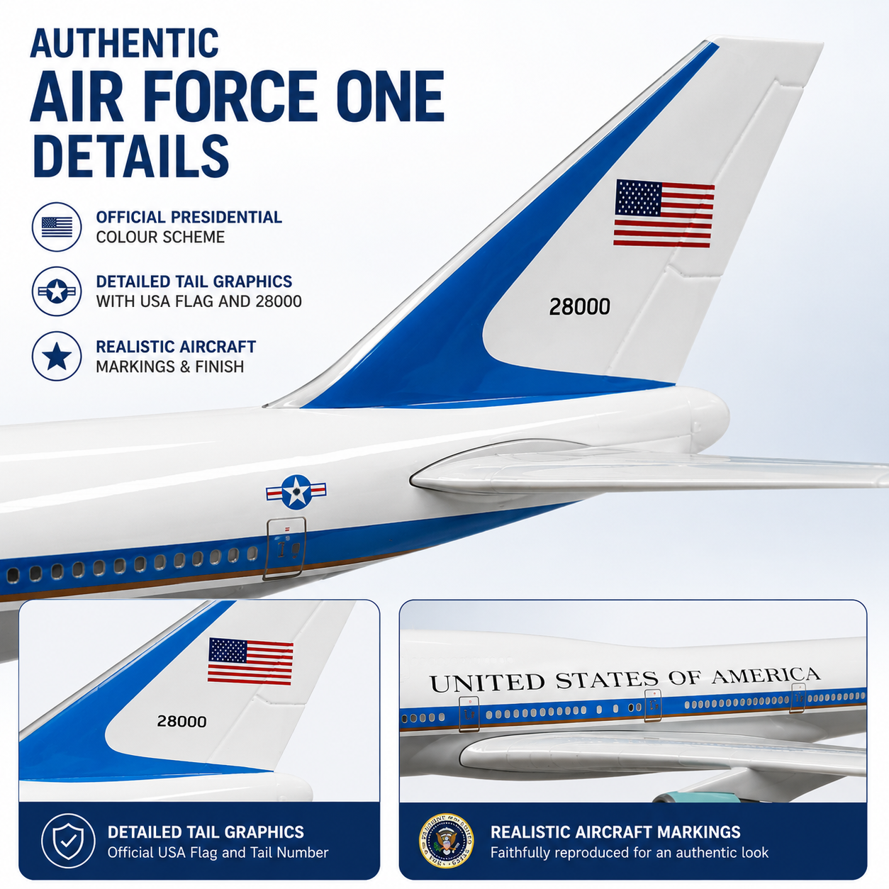 Model of an aircraft with detailed graphics and markings, featuring the USA flag and &