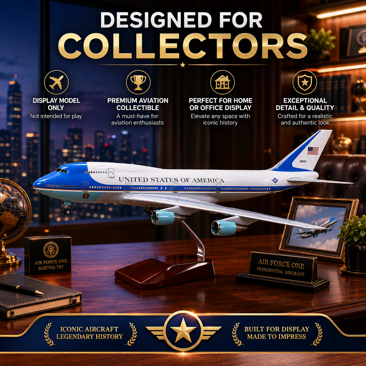 Model airplane on a desk with promotional text about collectors&