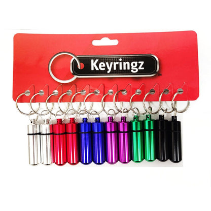 Colorful pill box keyring with secure screw top lid