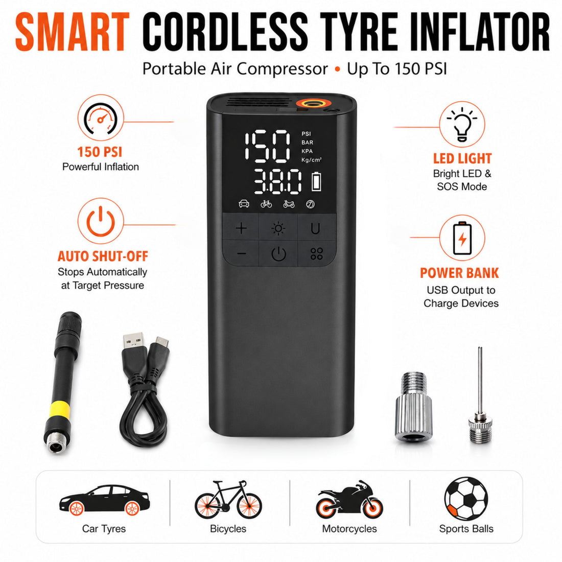 Portable Tyre Inflator Air Compressor Pump, LED, Rechargeable for Car/Bike