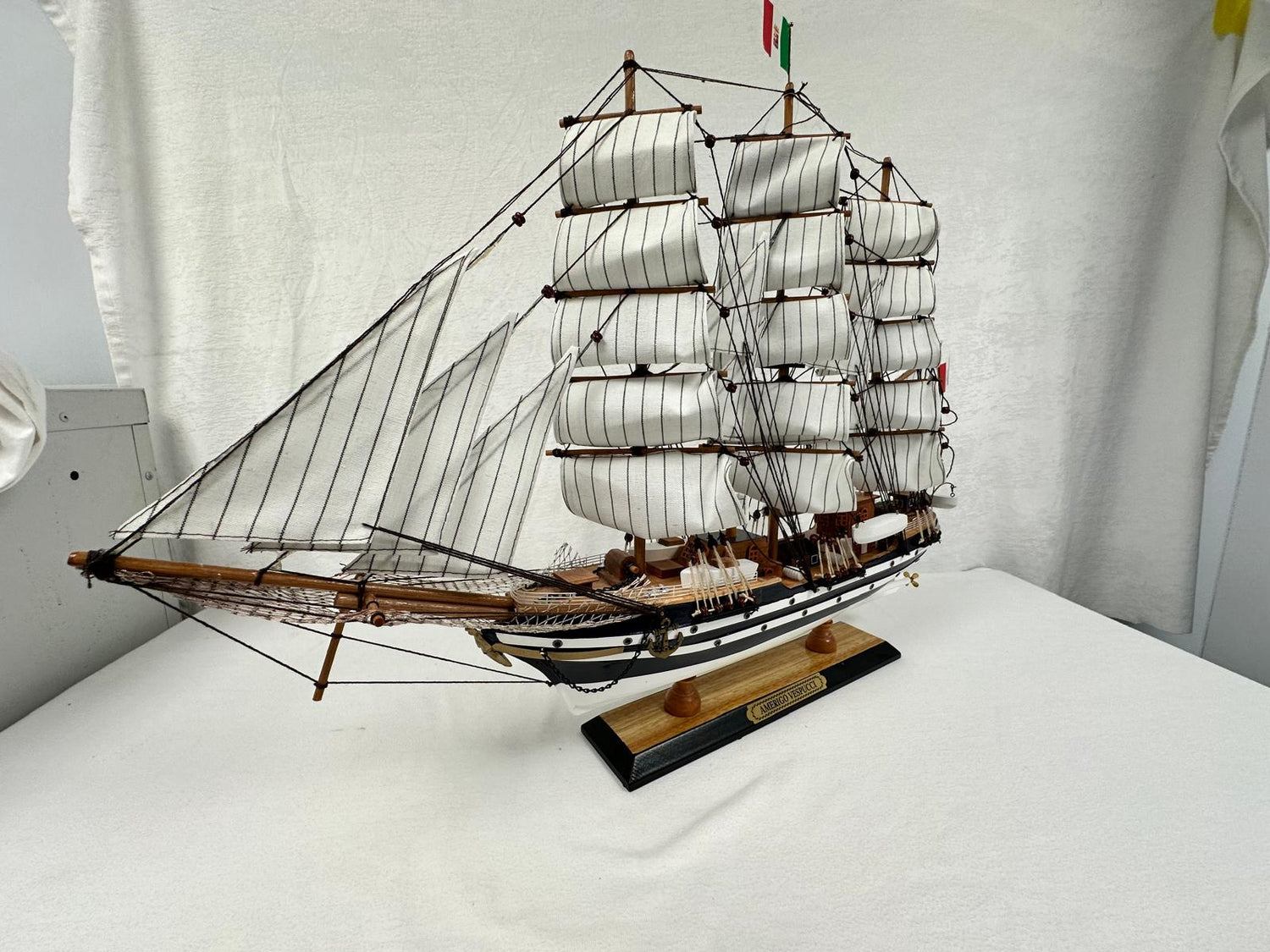 Vintage Model Ship Fully Assembled With Display Stand Handmade 65cm Length