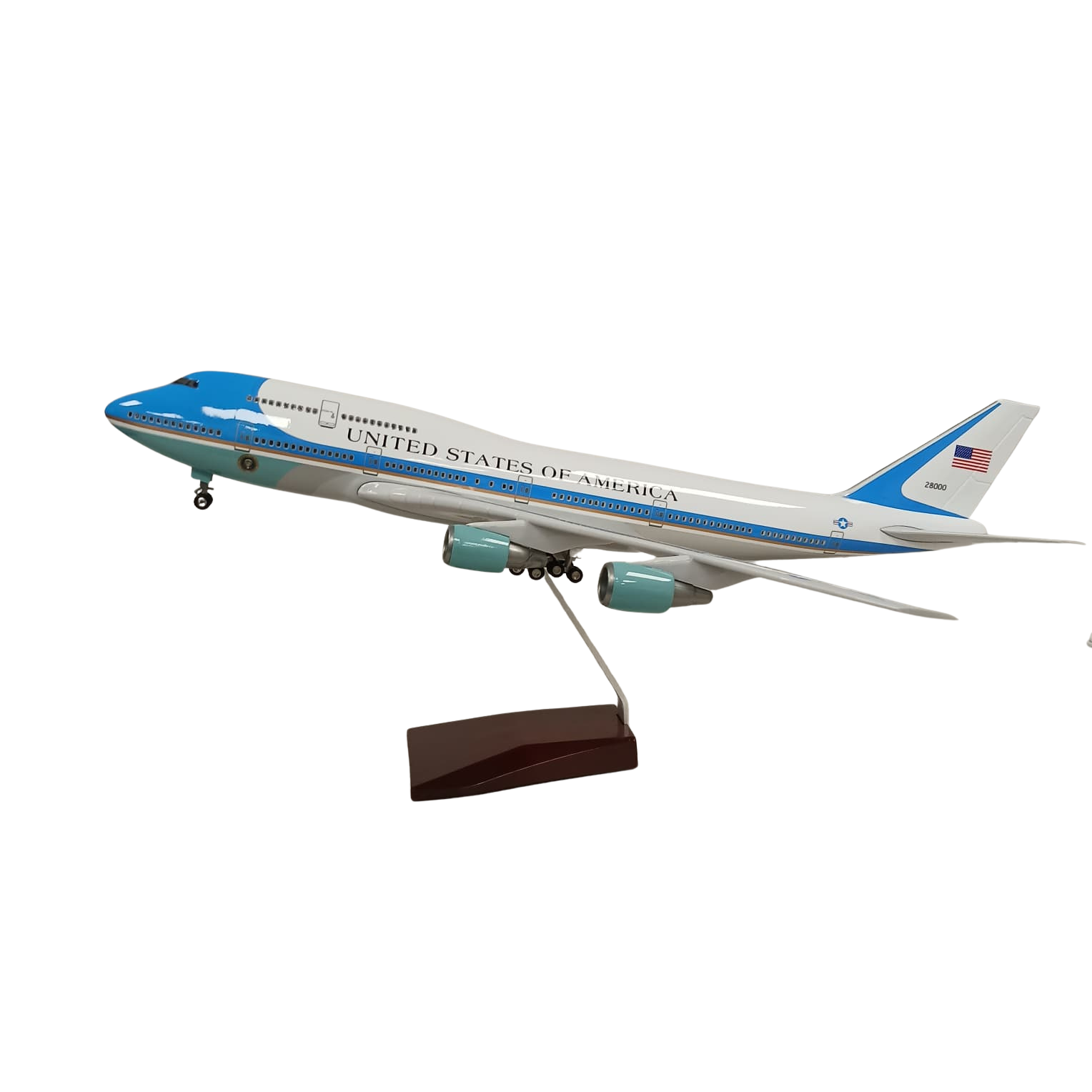 Model of a United States presidential airplane on a white background