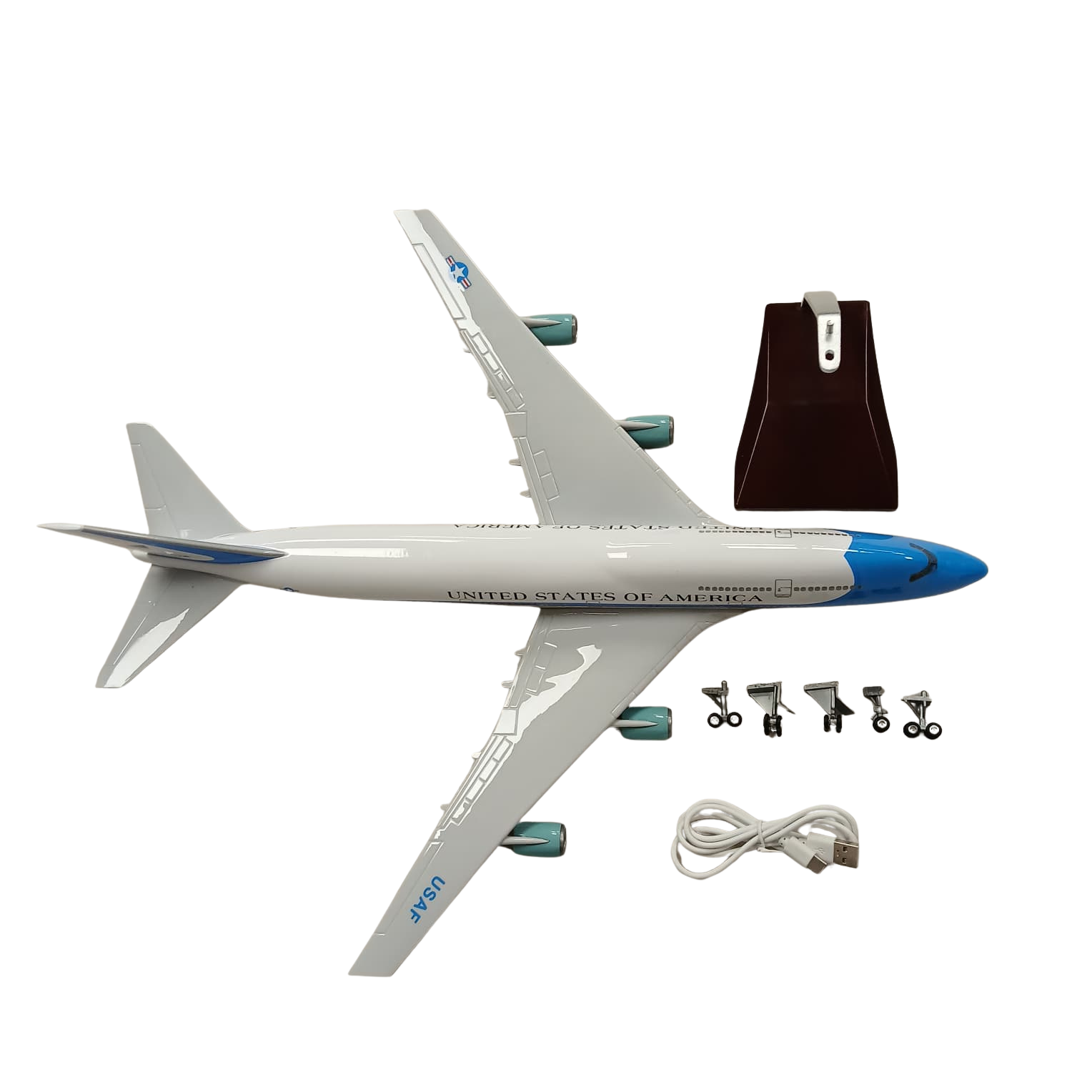 Model airplane with accessories on a white background