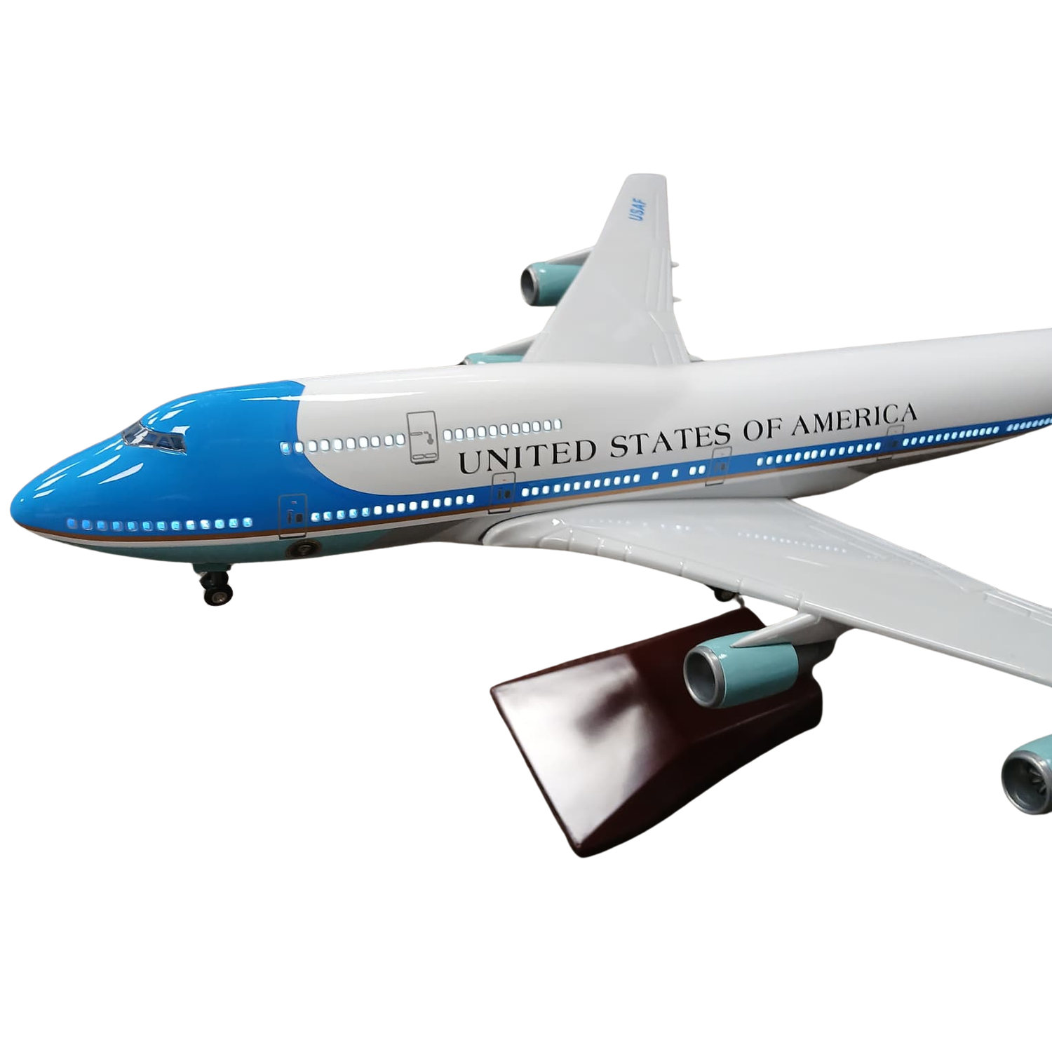 Model of a United States of America airplane on a white background
