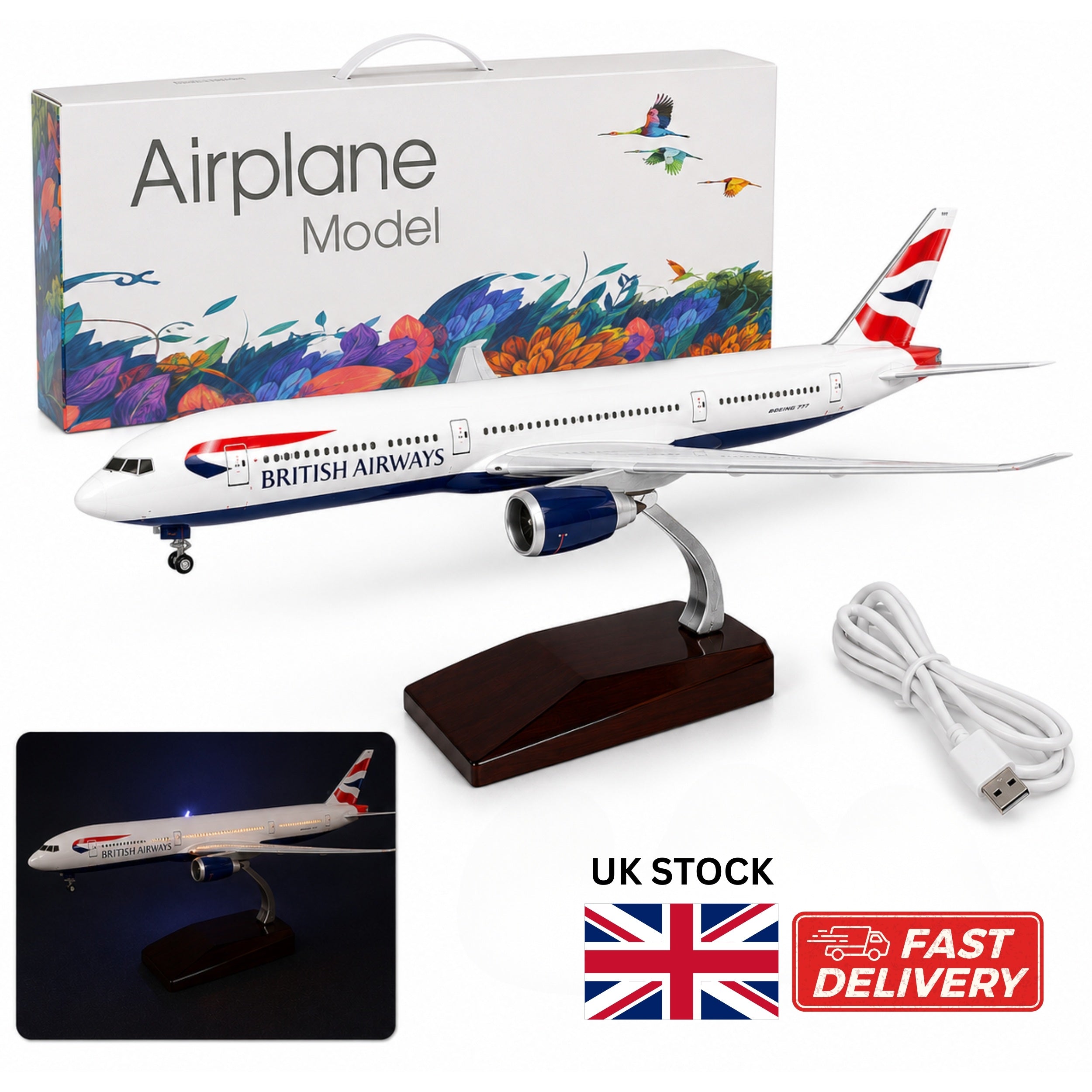 Model airplane of British Airways with packaging, USB cable, and UK stock label.