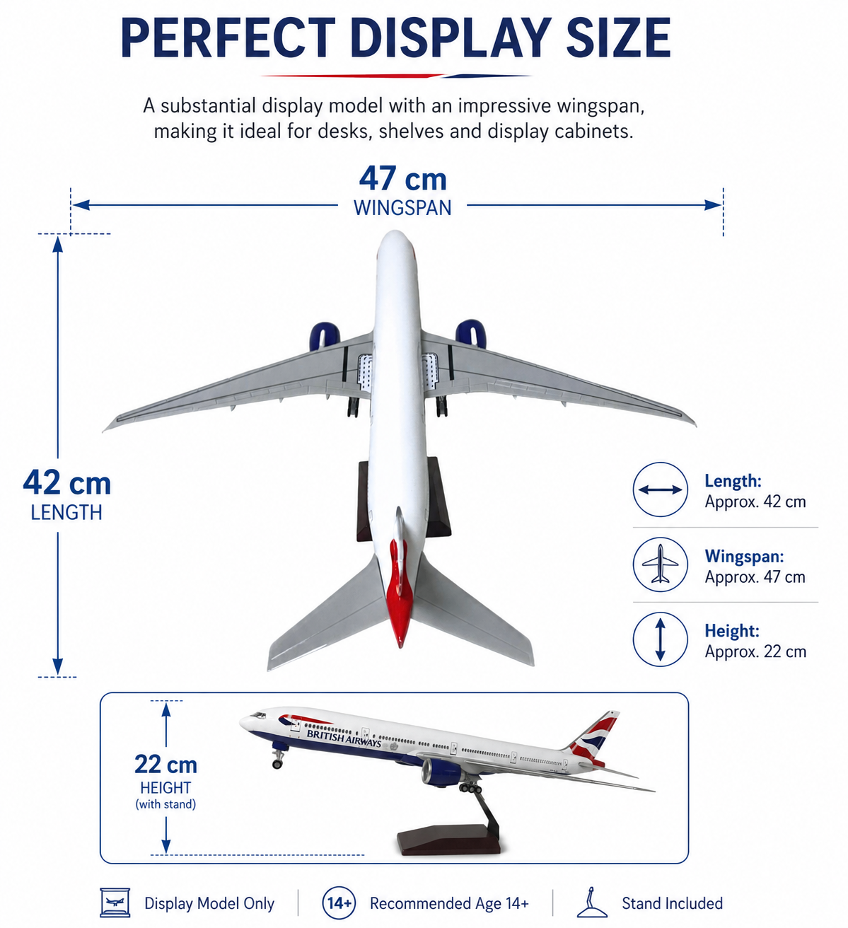Model airplane with dimensions and features on a white background