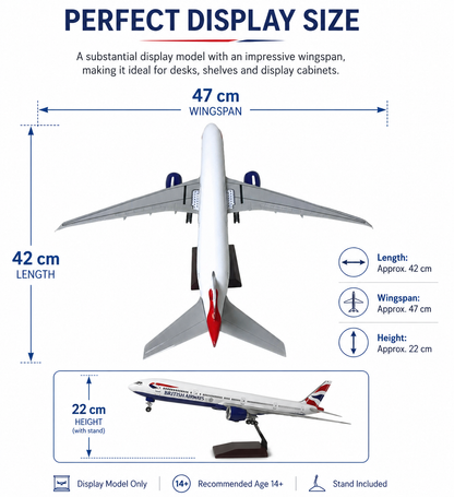 Model airplane with dimensions and features on a white background