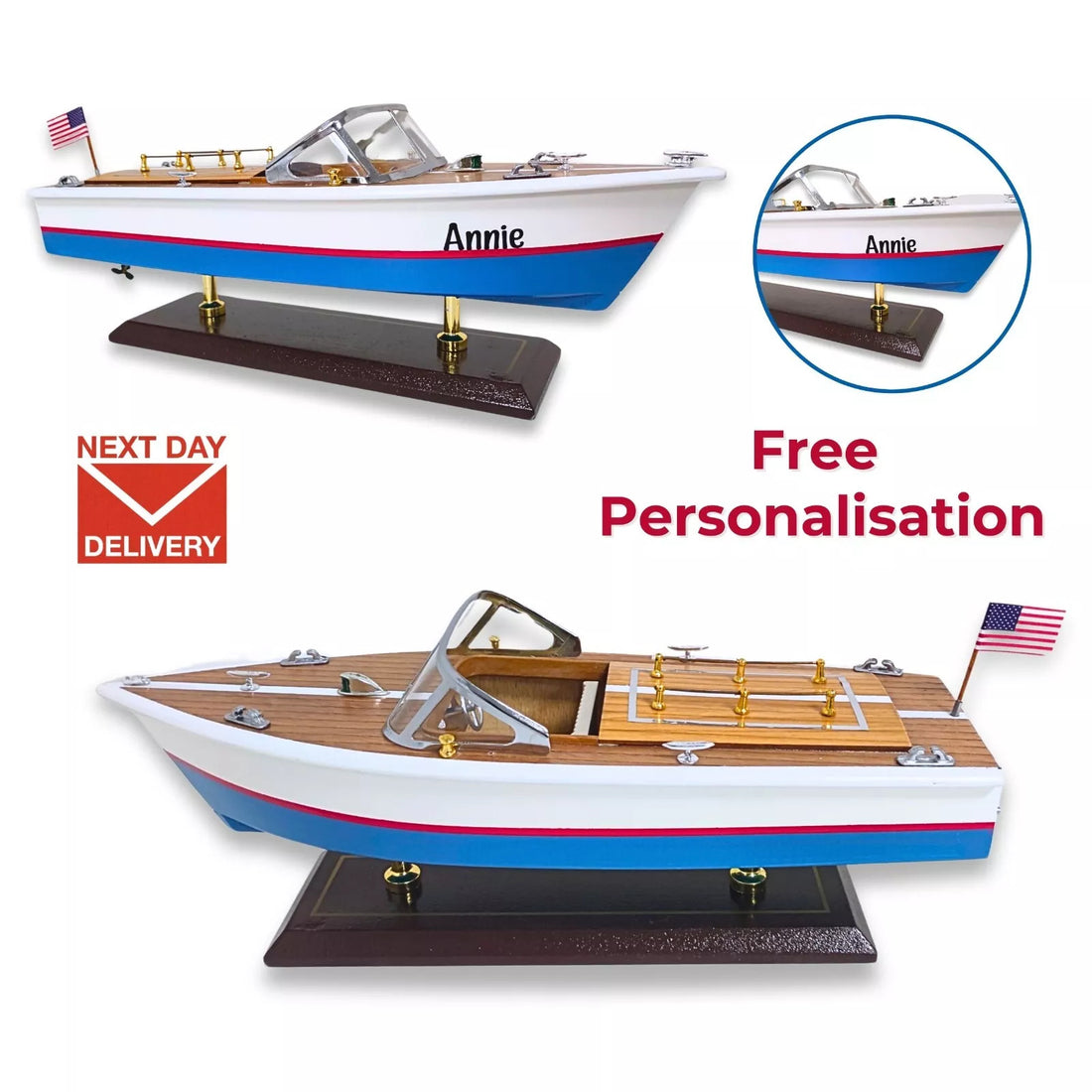 Handcrafted Wooden Model Speed Boat with Stand Personalize Option