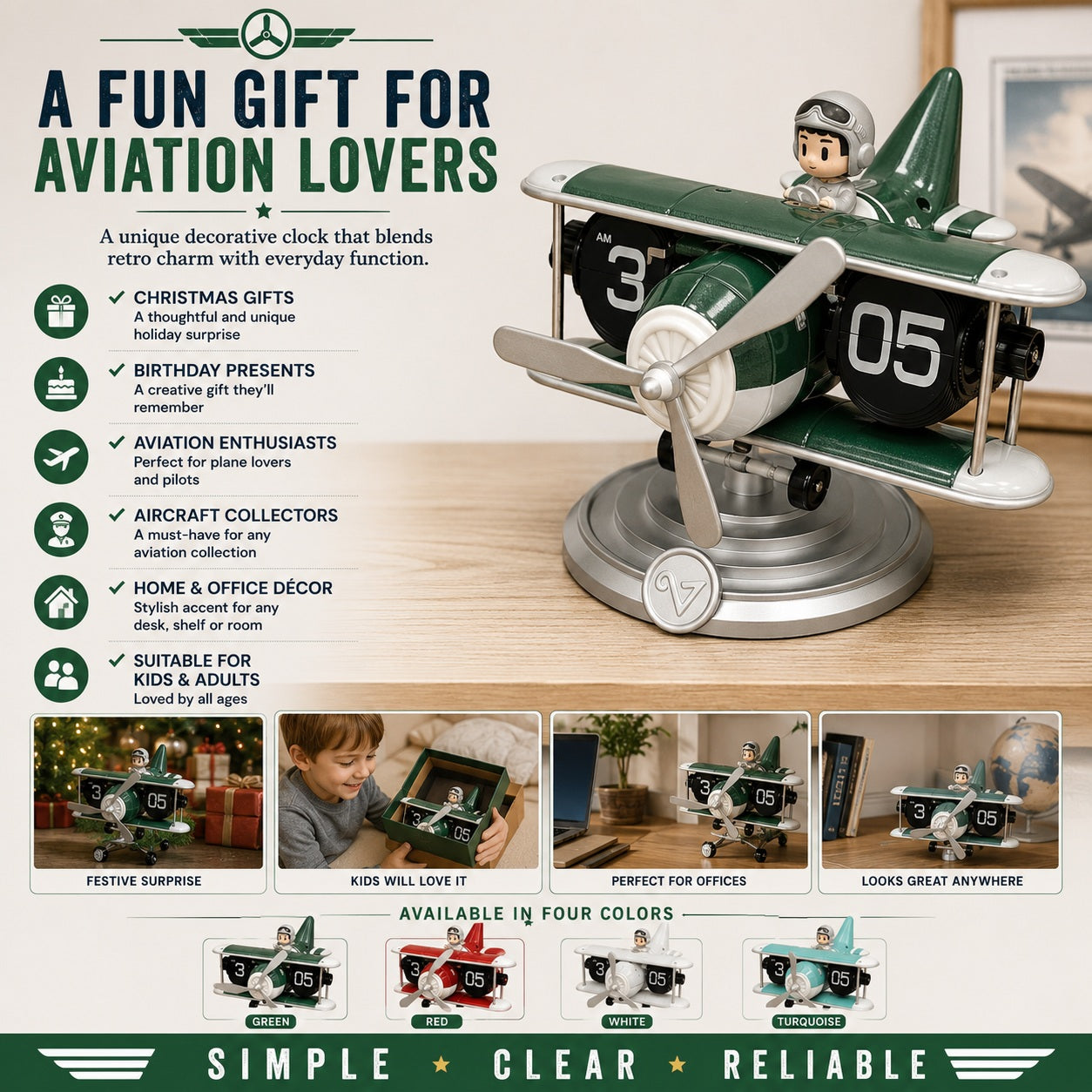 Airplane Model Clock Stylish Decor Aircraft Desk Home Adult Kids Christmas Gift