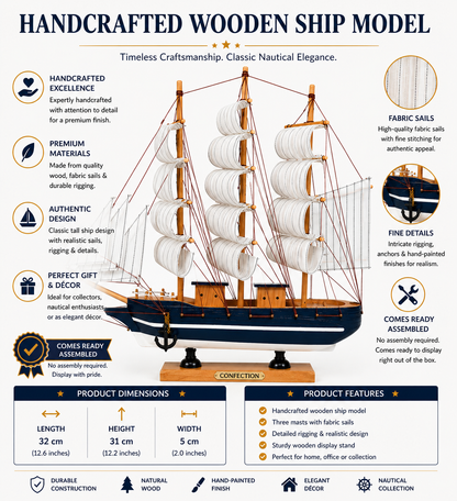Handcrafted Wooden Tall Ship Model 1R – 32cm Nautical Sailing Ship Replica