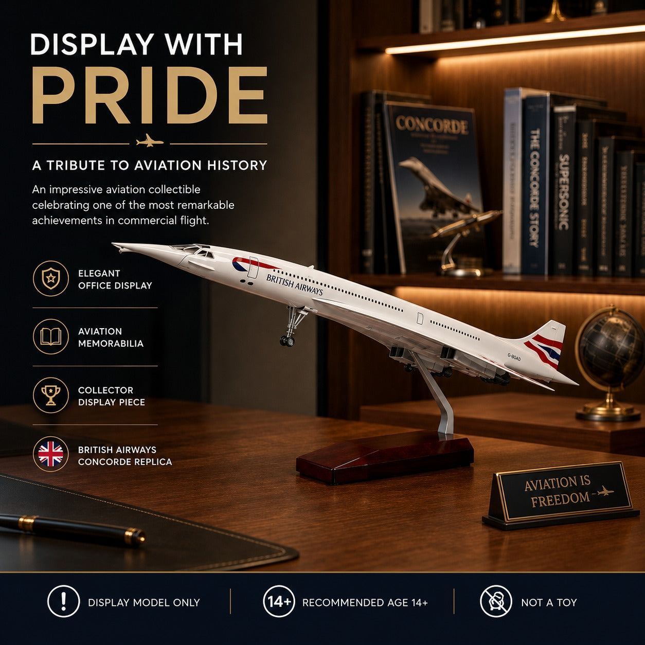 Model Concorde airplane on a wooden stand with books and decor in the background, labeled &