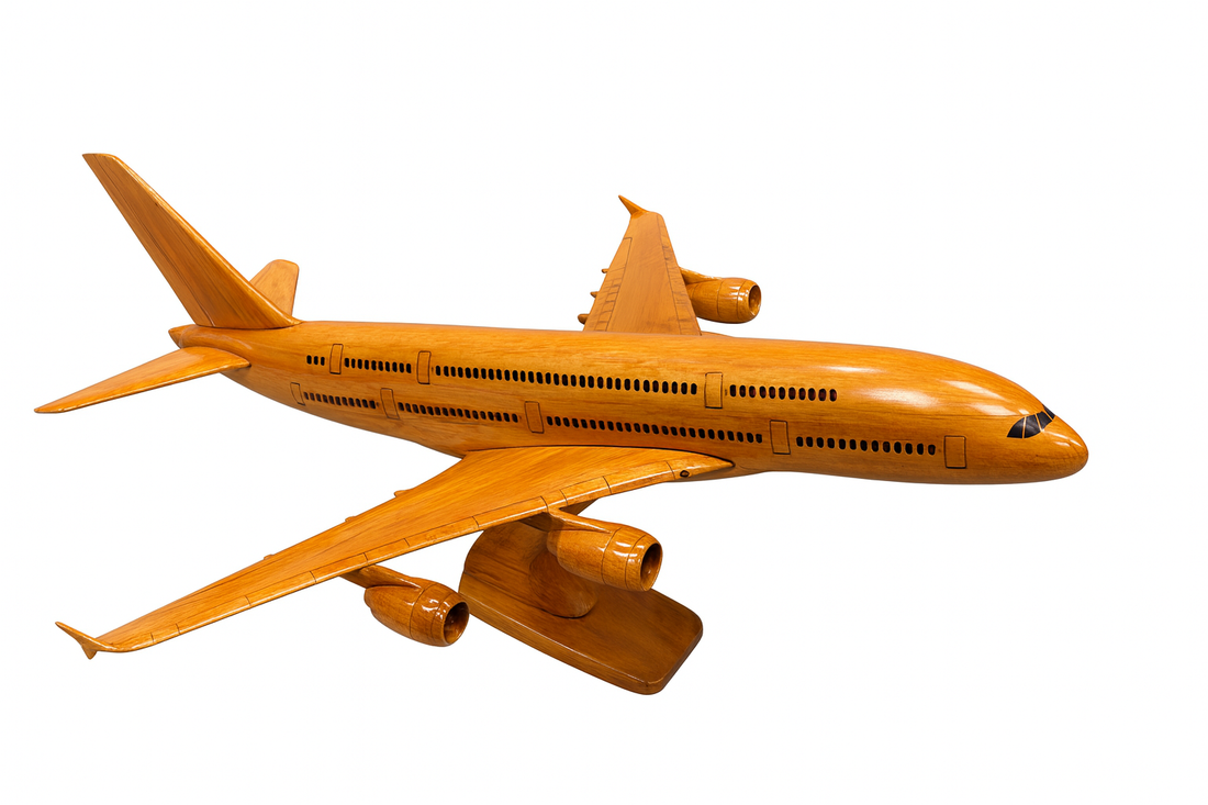 A380 Wooden Aircraft Model Handcrafted Double-Deck Jet Replica Premium Mahogony