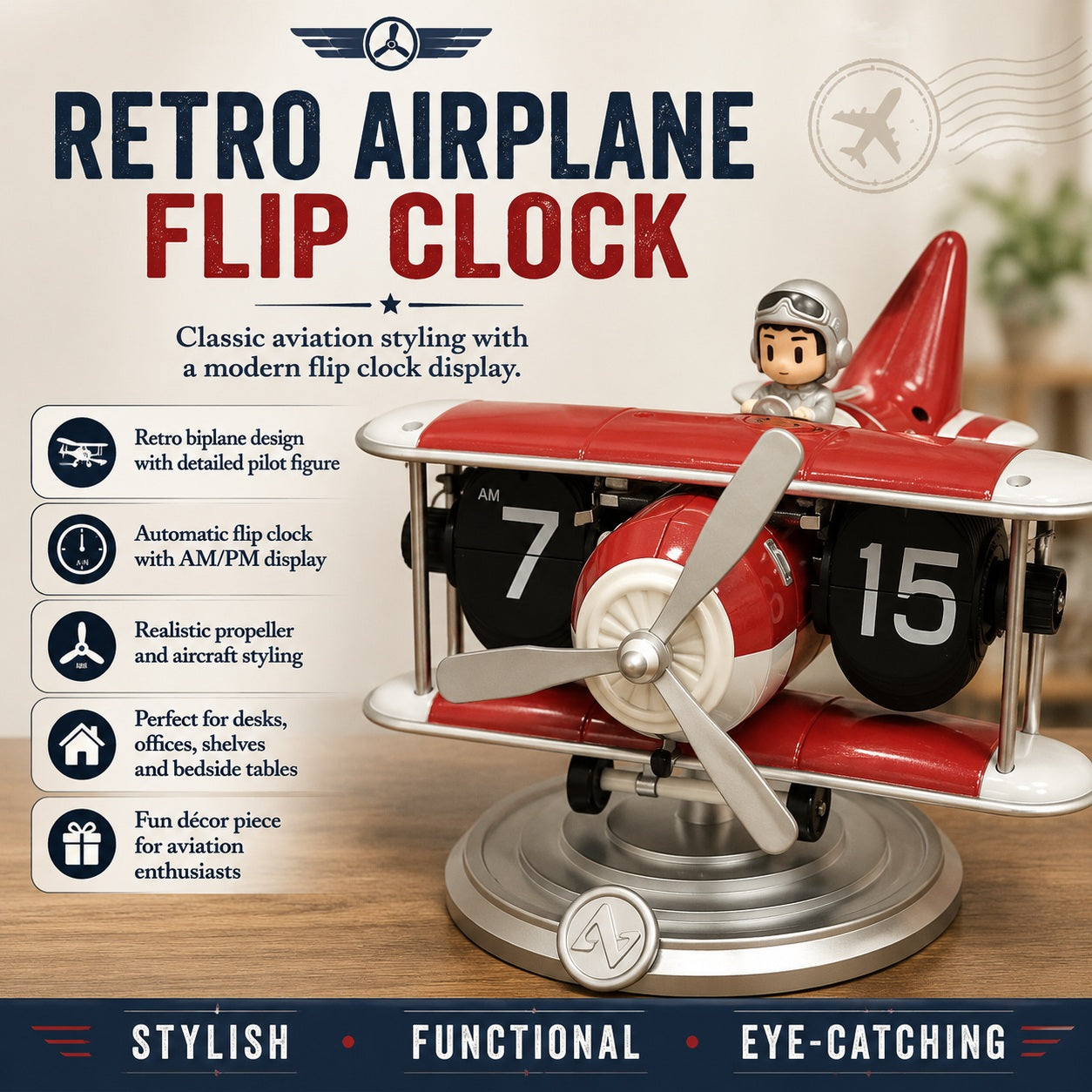 Airplane Model Clock Stylish Decor Aircraft Desk Home Adult Kids Christmas Gift