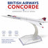 Model of a British Airways Concorde on a white background with branding text.