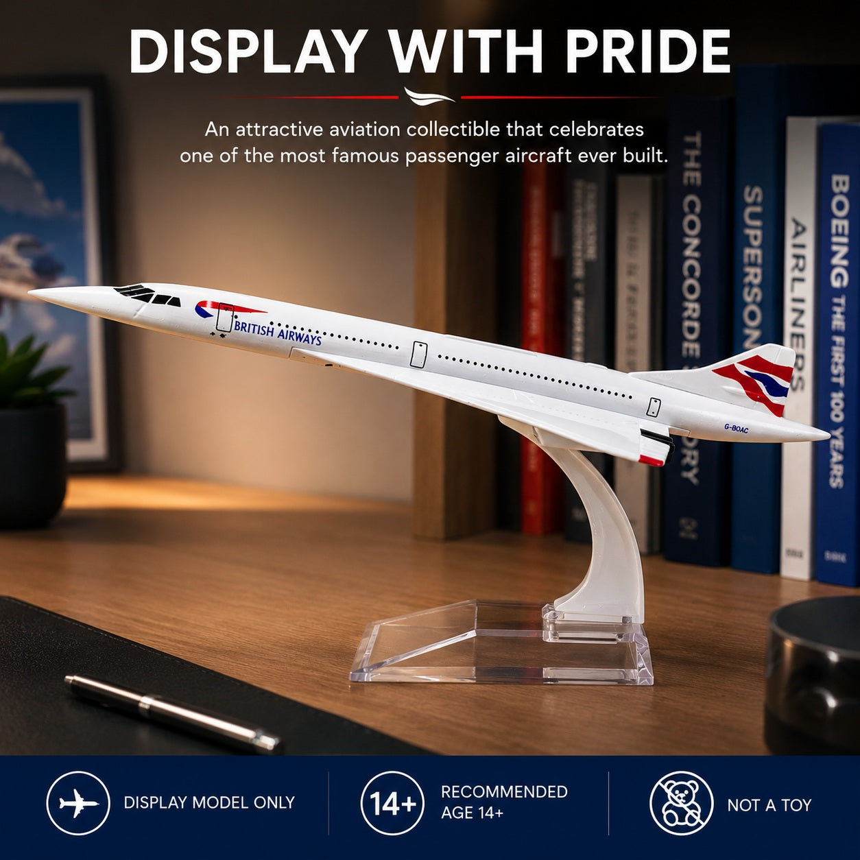 Model of a British Airways airplane on a stand with books in the background
