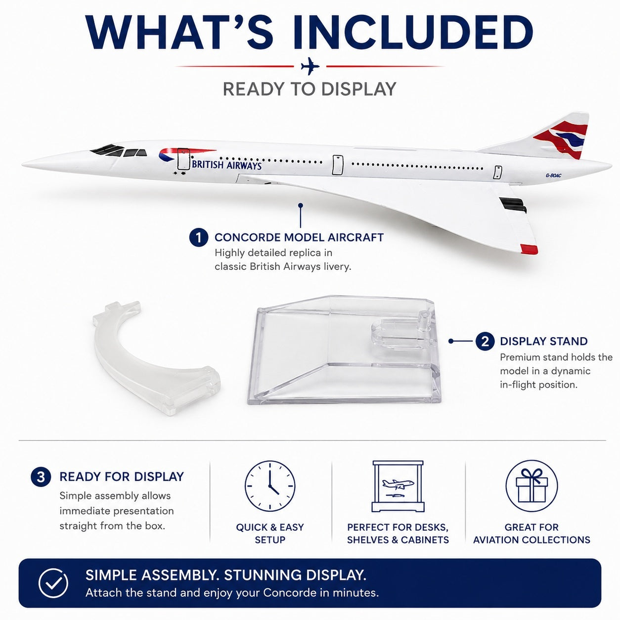 British Airways Concorde model aircraft with display stand on a white background