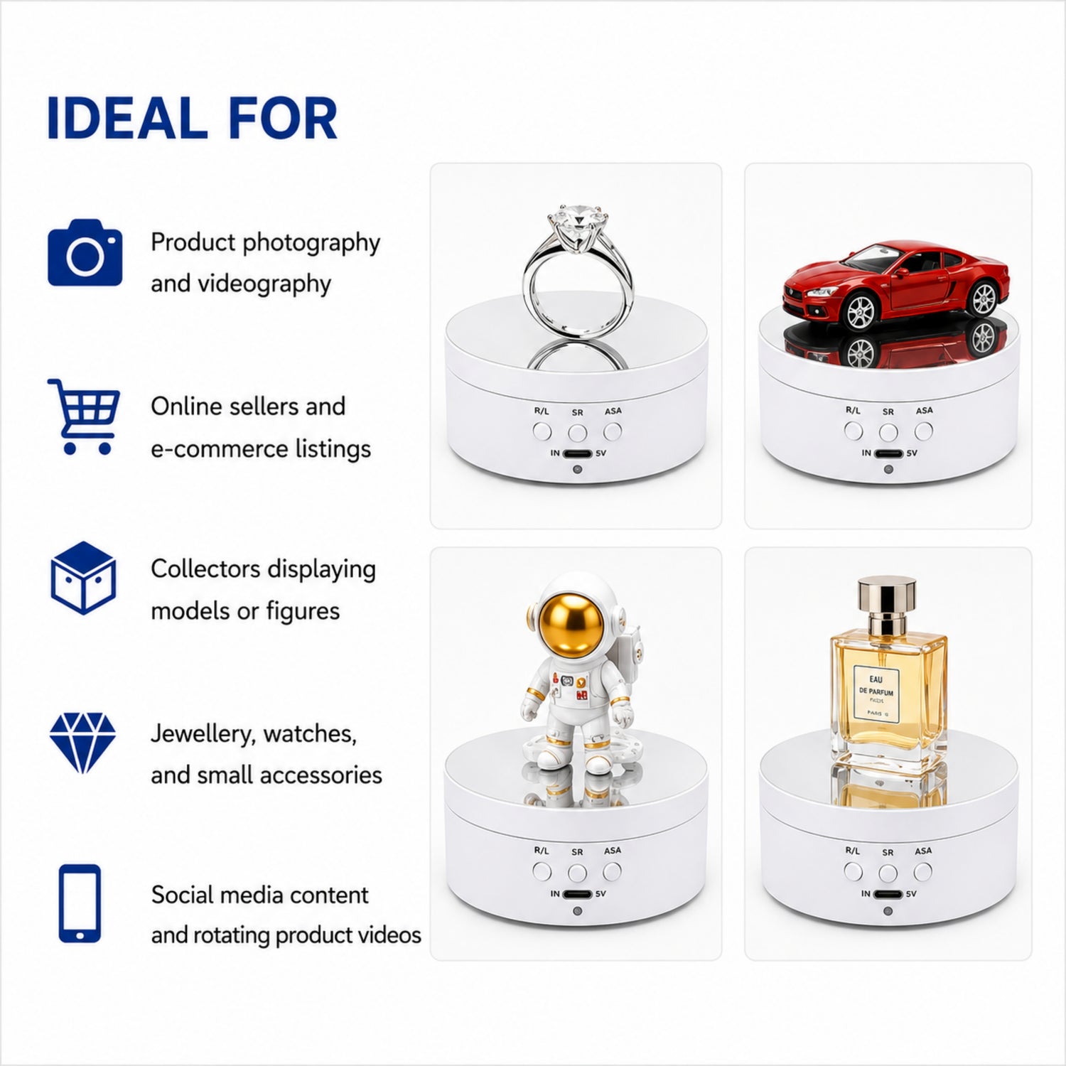 360 Degree Rotating Display Stand with Mirror Surface Motorized Turntable for Ph