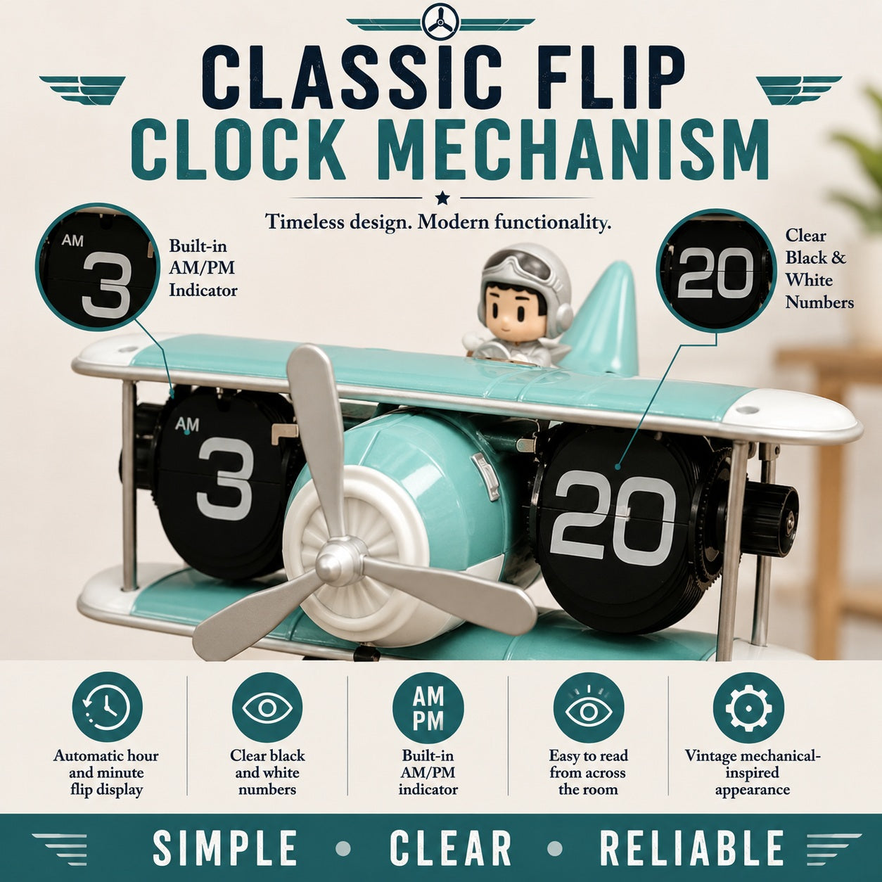 Airplane Model Clock Stylish Decor Aircraft Desk Home Adult Kids Christmas Gift