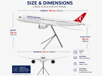 Size and dimensions infographic for a Turkish Airlines large scale display model airplane, showing top and front views with measurements for length, height, wingspan, stand height, scale, material, weight, and features on a light gray background.
