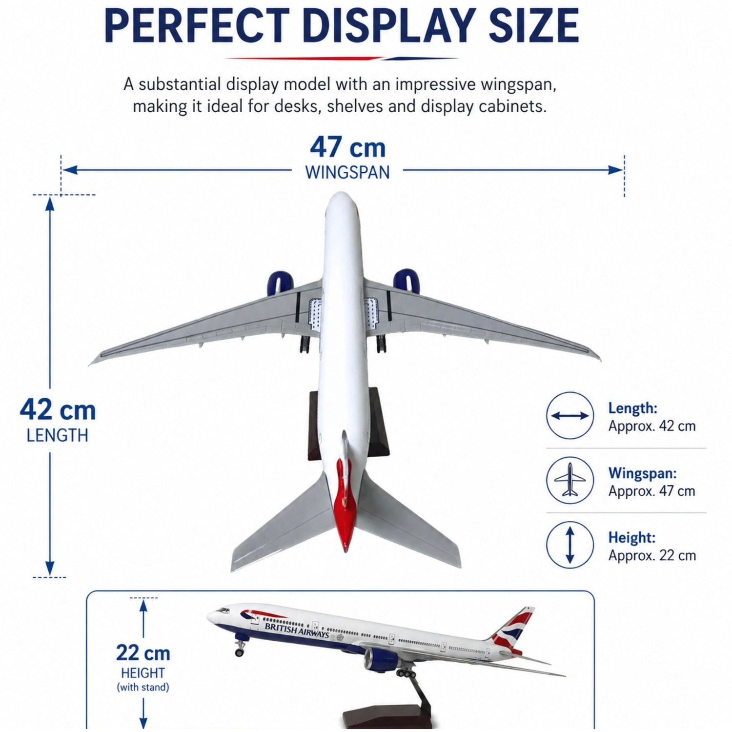 Model airplane with dimensions labeled on a white background