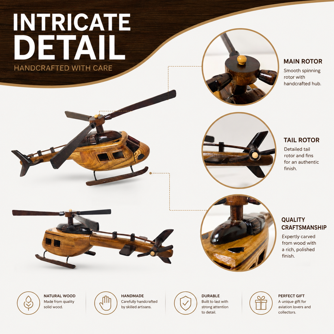 An infographic detailing the craftsmanship of a wooden helicopter model, showing two views of the wooden helicopter with close-up circular insets of its main rotor, tail rotor, and cockpit. The graphic features text highlighting features like &
